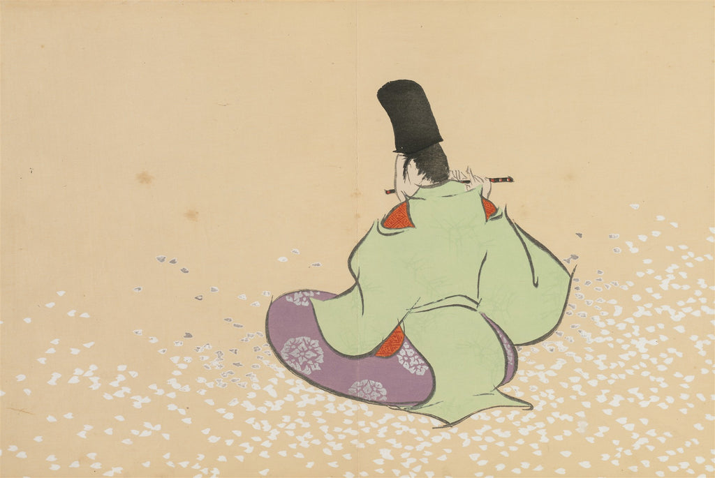 Quadro decorativo japonês com figura de costas tocando flauta, rodeado por pétalas de flores brancas sobre fundo amarelo claro. Atribuído a Kamisaka Sekka.