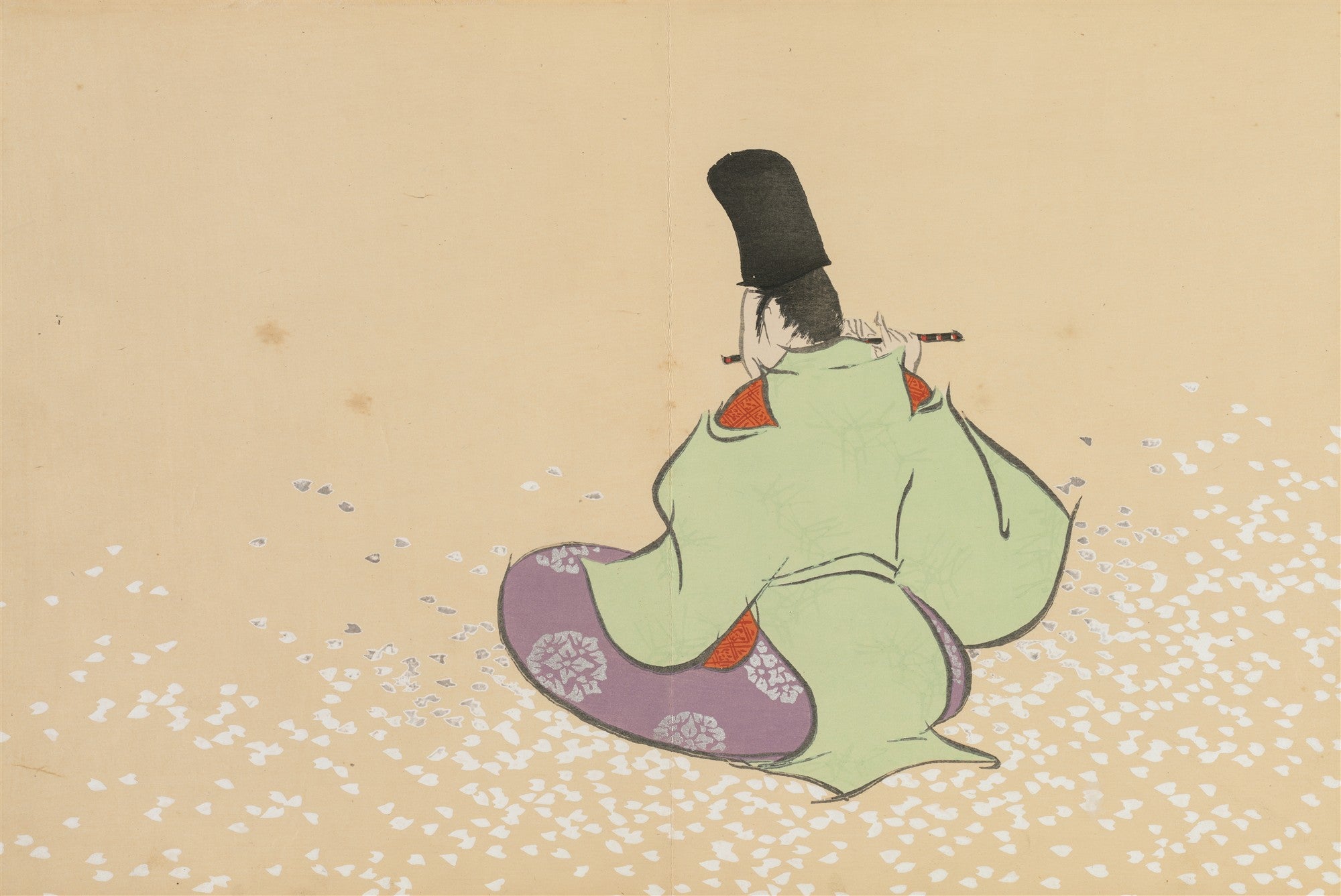 Quadro decorativo japonês com figura de costas tocando flauta, rodeado por pétalas de flores brancas sobre fundo amarelo claro. Atribuído a Kamisaka Sekka.