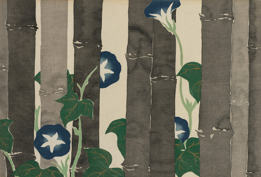 Quadro decorativo com gravura japonesa de glórias-da-manhã azuis e brancas em meio a caules verticais de bambu cinza e preto, estilo ukiyo-e por Kamisaka Sekka.