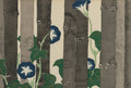 Quadro decorativo com gravura japonesa de glórias-da-manhã azuis e brancas em meio a caules verticais de bambu cinza e preto, estilo ukiyo-e por Kamisaka Sekka.