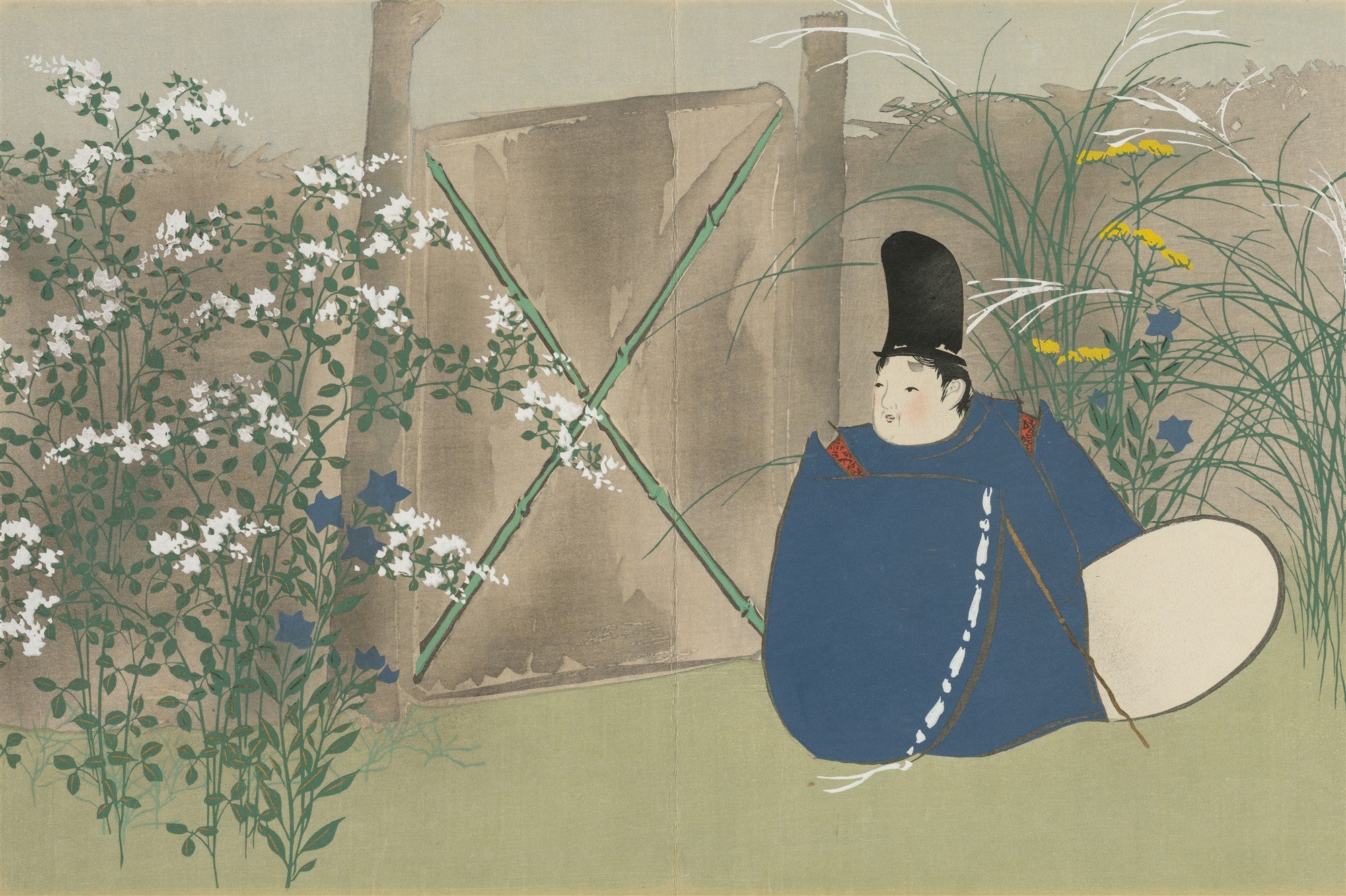 Quadro decorativo japonês representando uma figura sentada em um jardim, com flores brancas, azuis e grama alta. A figura veste um quimono azul escuro e um chapéu preto alto, com uma cerca de bambu ao fundo. Estilo ukiyo-e moderno, atribuído a Kamisaka Sekka.