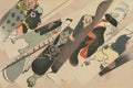 Quadro decorativo com gravura japonesa de Kamisaka Sekka, mostrando figuras estilizadas em faixas diagonais. As cores são suaves e a composição é dinâmica, com personagens que parecem estar em movimento, vestindo trajes tradicionais japoneses.