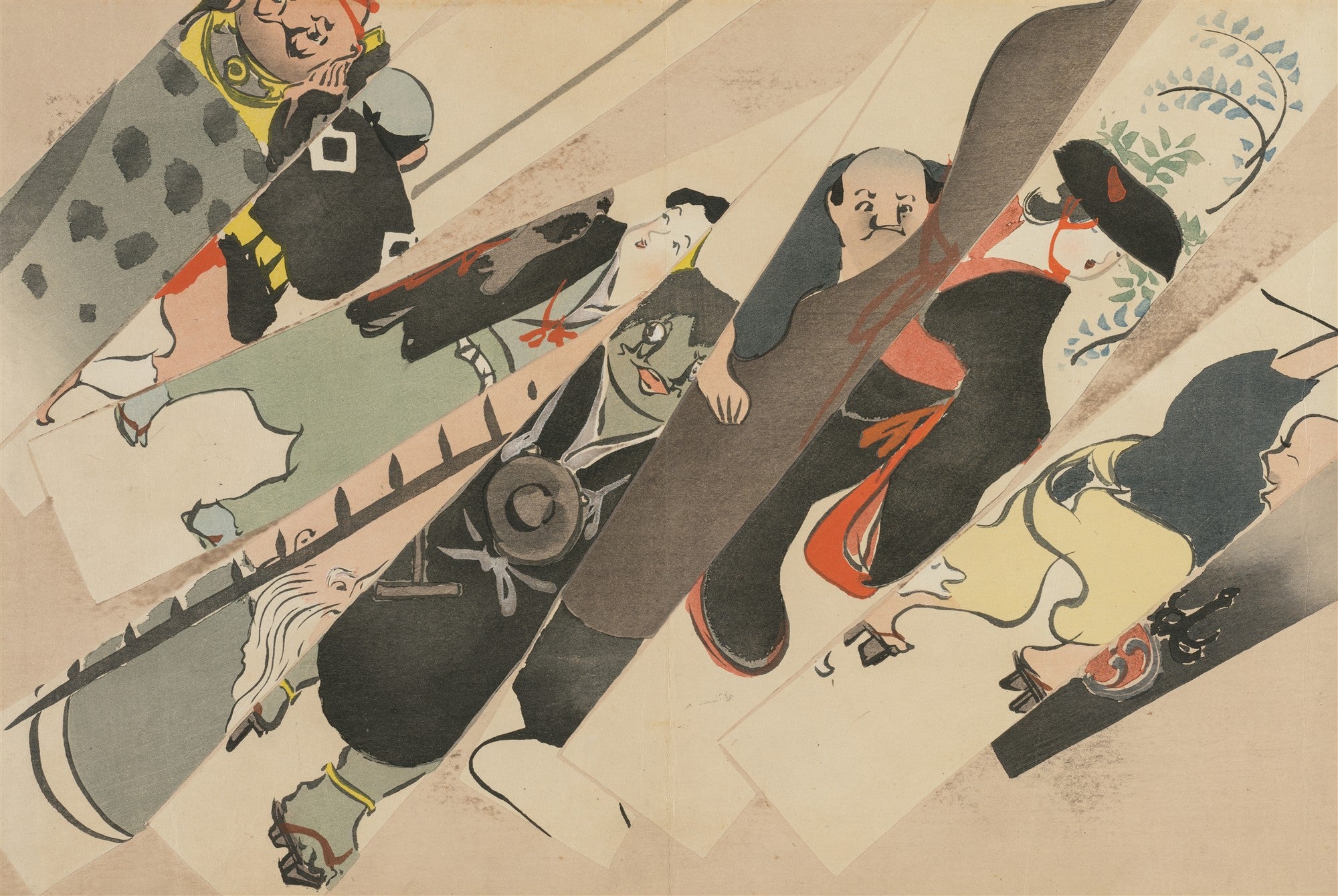 Quadro decorativo com gravura japonesa de Kamisaka Sekka, mostrando figuras estilizadas em faixas diagonais. As cores são suaves e a composição é dinâmica, com personagens que parecem estar em movimento, vestindo trajes tradicionais japoneses.
