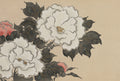 Uma pintura japonesa de Kamisaka Sekka com peônias brancas e um botão de peônia rosa, com folhas escuras em um fundo bege claro. A pintura tem um estilo minimalista e estilizado.