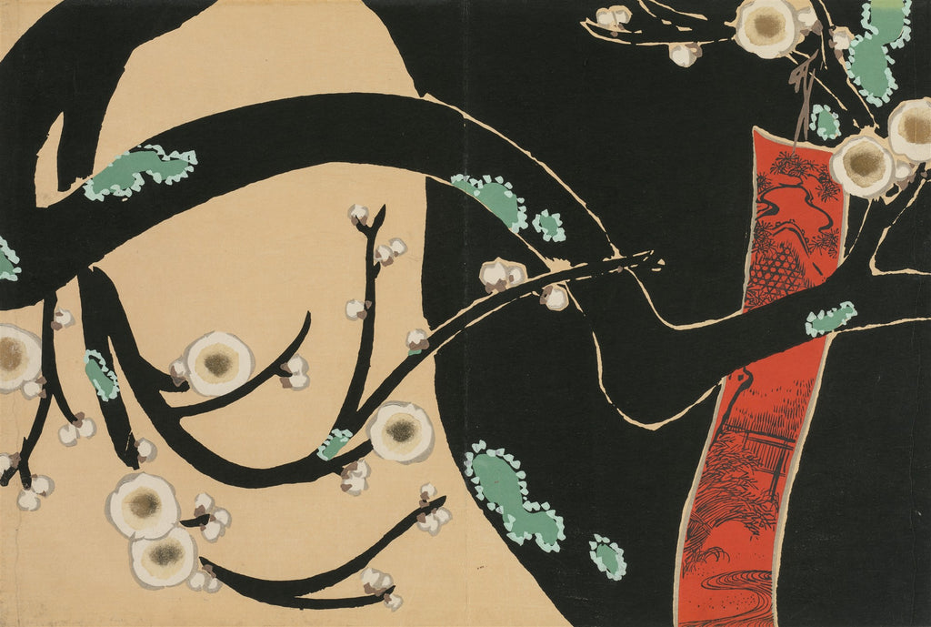 Quadro decorativo com galhos escuros de ameixeira em flor, sobre fundo bege e preto, com um detalhe vermelho vibrante. Estilo japonês de Kamisaka Sekka.