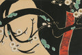Quadro decorativo com galhos escuros de ameixeira em flor, sobre fundo bege e preto, com um detalhe vermelho vibrante. Estilo japonês de Kamisaka Sekka.