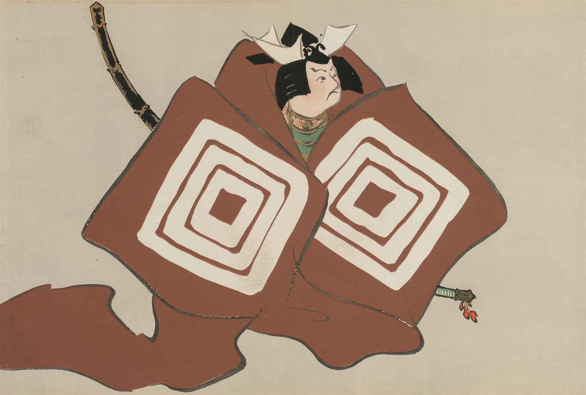 Ilustração japonesa de Kamisaka Sekka representando um samurai ou figura guerreira com armadura e espada, em tons de marrom, branco e verde, com um fundo claro.