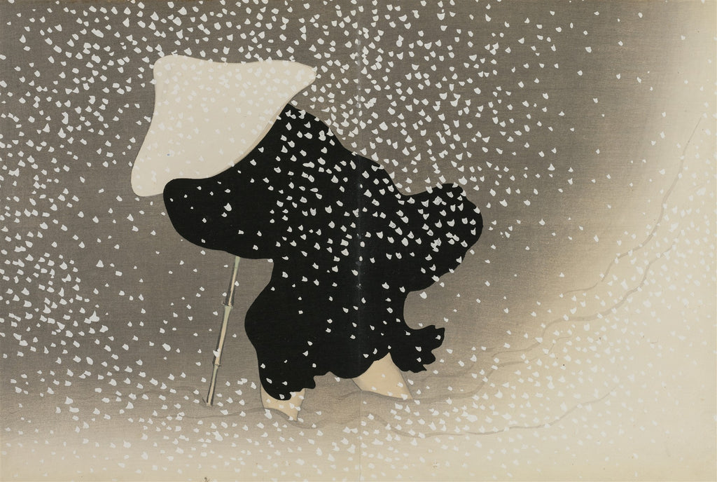Ilustração japonesa de um homem com chapéu e bengala, caminhando em meio a uma nevasca, em tons de cinza, preto e creme, com flocos de neve brancos.