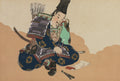 Quadro decorativo mostrando um samurai sentado, em armadura, escrevendo em um pergaminho com uma pena, com flechas nas costas e uma espada ao lado. A imagem tem um fundo neutro com nuvens estilizadas.