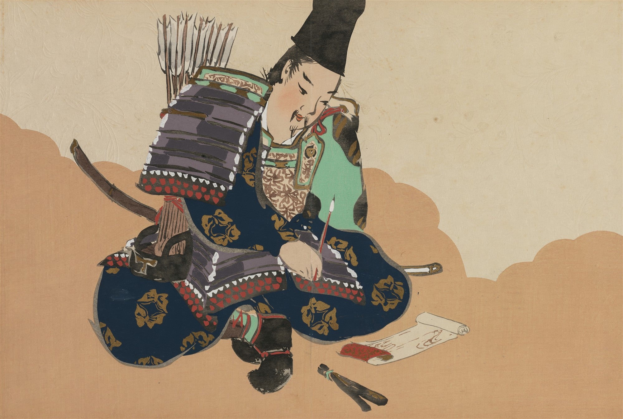 Quadro decorativo mostrando um samurai sentado, em armadura, escrevendo em um pergaminho com uma pena, com flechas nas costas e uma espada ao lado. A imagem tem um fundo neutro com nuvens estilizadas.