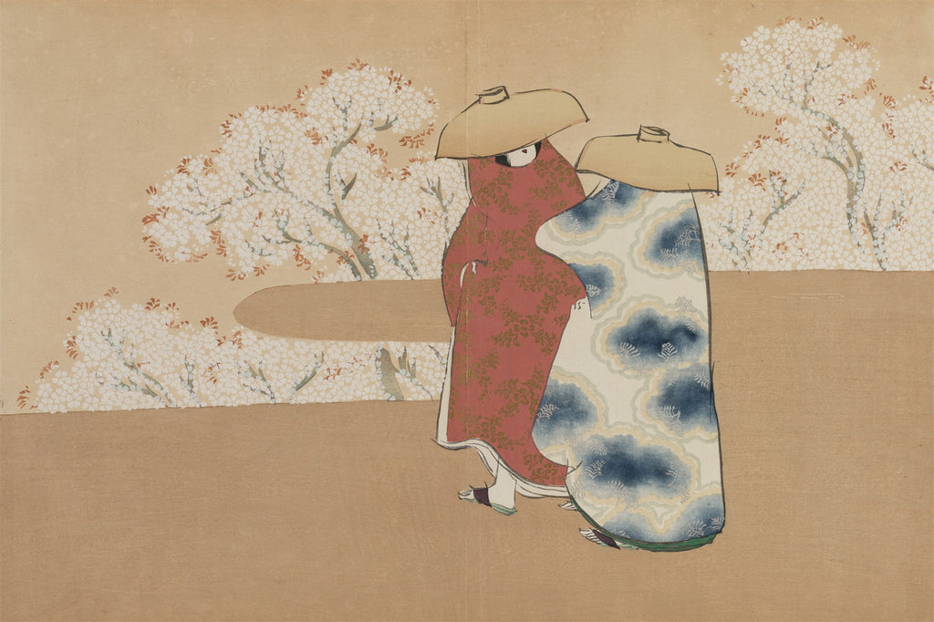 Quadro decorativo com ilustração japonesa de duas figuras vestidas com quimonos estampados, caminhando entre árvores de cerejeira em flor, com fundo bege.