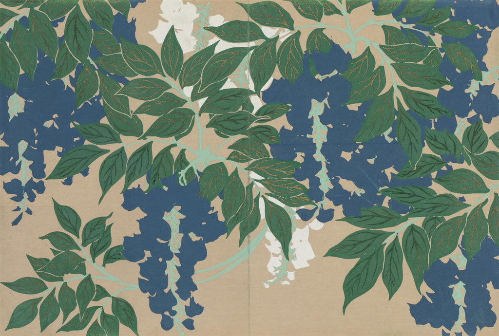 Quadro decorativo com ilustração de glicínias (wisteria) em tons de azul e verde escuro, com detalhes dourados, sobre um fundo bege claro. Estilo japonês de Kamisaka Sekka.