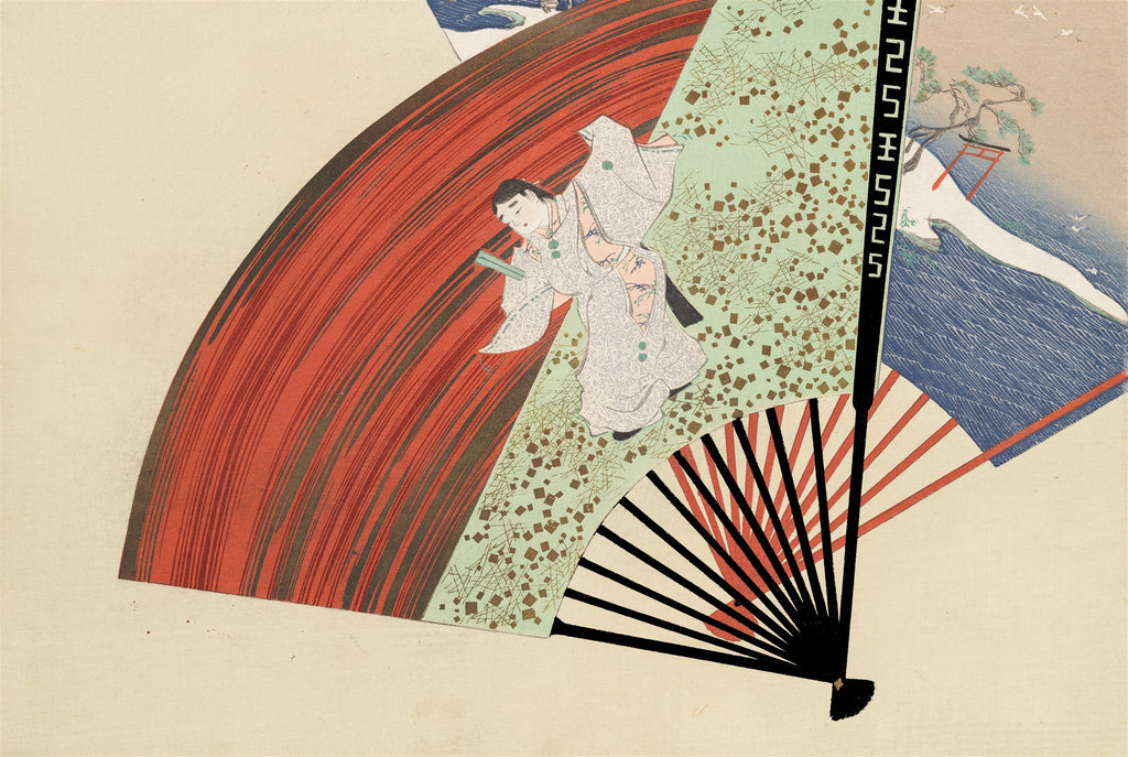 Xilogravura japonesa atribuída a Kamisaka Sekka, apresentando um leque decorativo com figuras e paisagens estilizadas em tons de vermelho, verde e azul. Detalhes de um personagem em quimono branco em primeiro plano.
