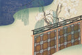 Quadro decorativo com paisagem japonesa de Kamisaka Sekka, mostrando uma ponte sobre um rio com cerejeiras e salgueiros chorões.
