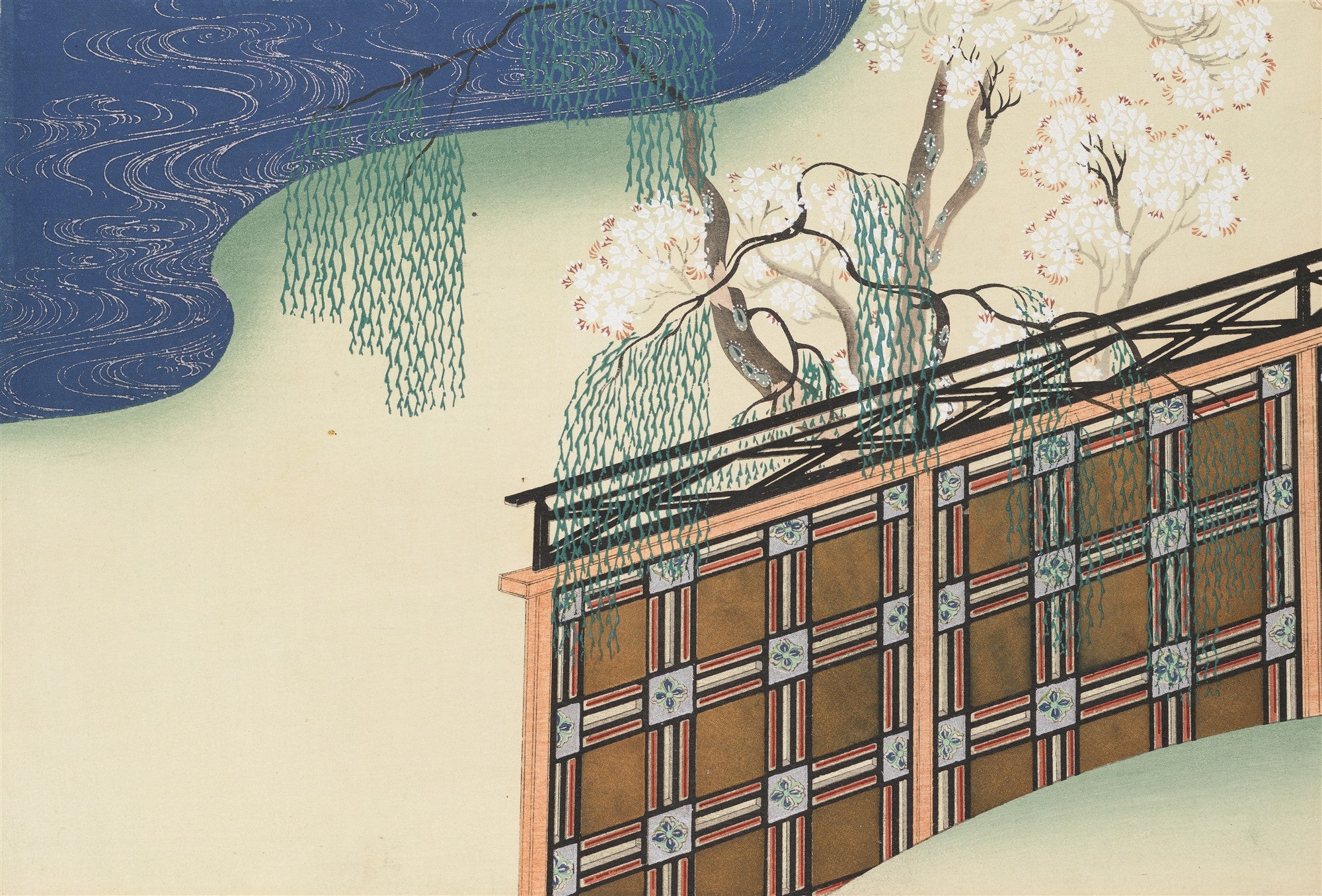 Quadro decorativo com paisagem japonesa de Kamisaka Sekka, mostrando uma ponte sobre um rio com cerejeiras e salgueiros chorões.