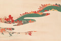 Quadro decorativo mostrando uma paisagem estilizada de outono japonês, com riachos verdes sinuosos e árvores com folhas vermelhas e laranjas vibrantes de Kamisaka Sekka.