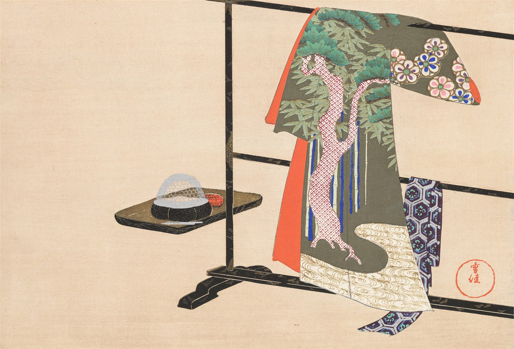 Ilustração japonesa mostrando um quimono ricamente decorado pendurado em um suporte, ao lado de uma tigela de chá sob uma redoma transparente em um pequeno altar. Estilo Rinpa.