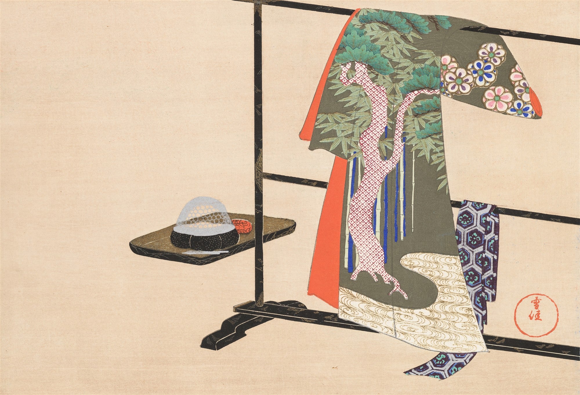 Ilustração japonesa mostrando um quimono ricamente decorado pendurado em um suporte, ao lado de uma tigela de chá sob uma redoma transparente em um pequeno altar. Estilo Rinpa.