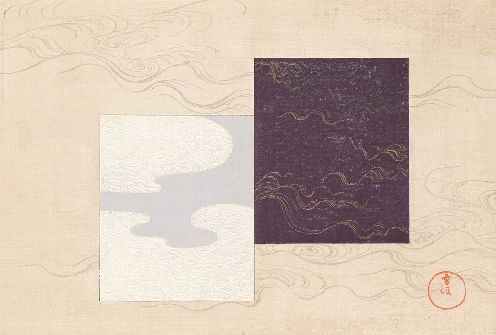 Quadro decorativo japonês de Kamisaka Sekka, com dois retângulos sobre um fundo bege com ondas. O retângulo da esquerda é branco e cinza claro, com padrões de nuvens. O retângulo da direita é roxo escuro, com padrões de ondas douradas. O estilo remete à arte Rinpa.
