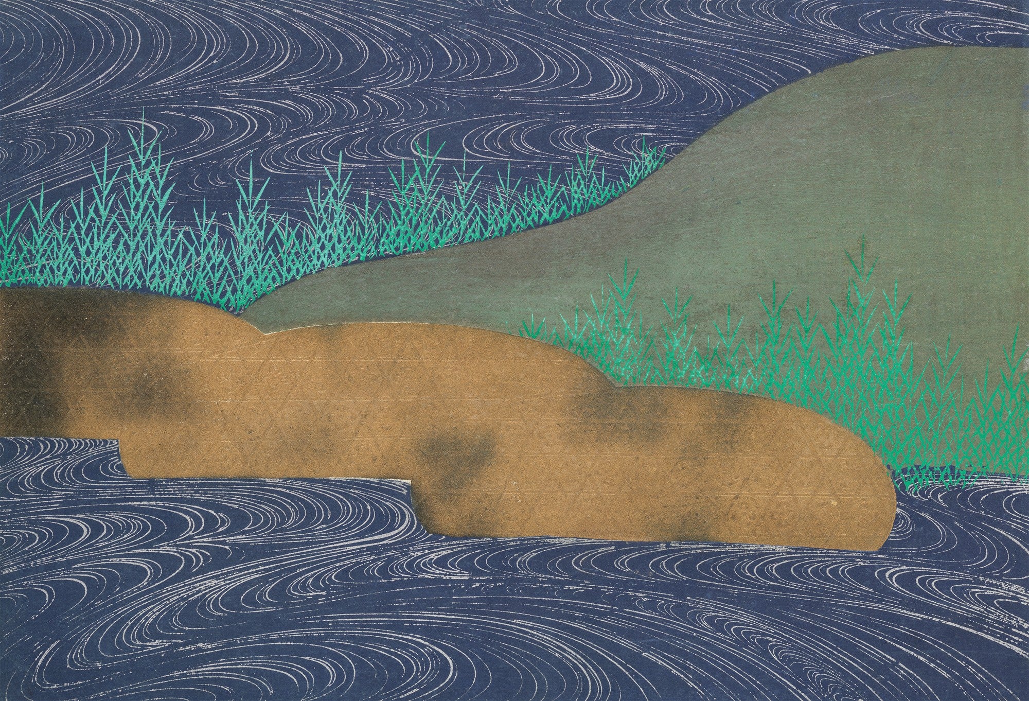 Quadro decorativo com paisagem japonesa abstrata de Kamisaka Sekka, mostrando rio azul escuro com ondas brancas, margens em tons terrosos e vegetação verde esmeralda.