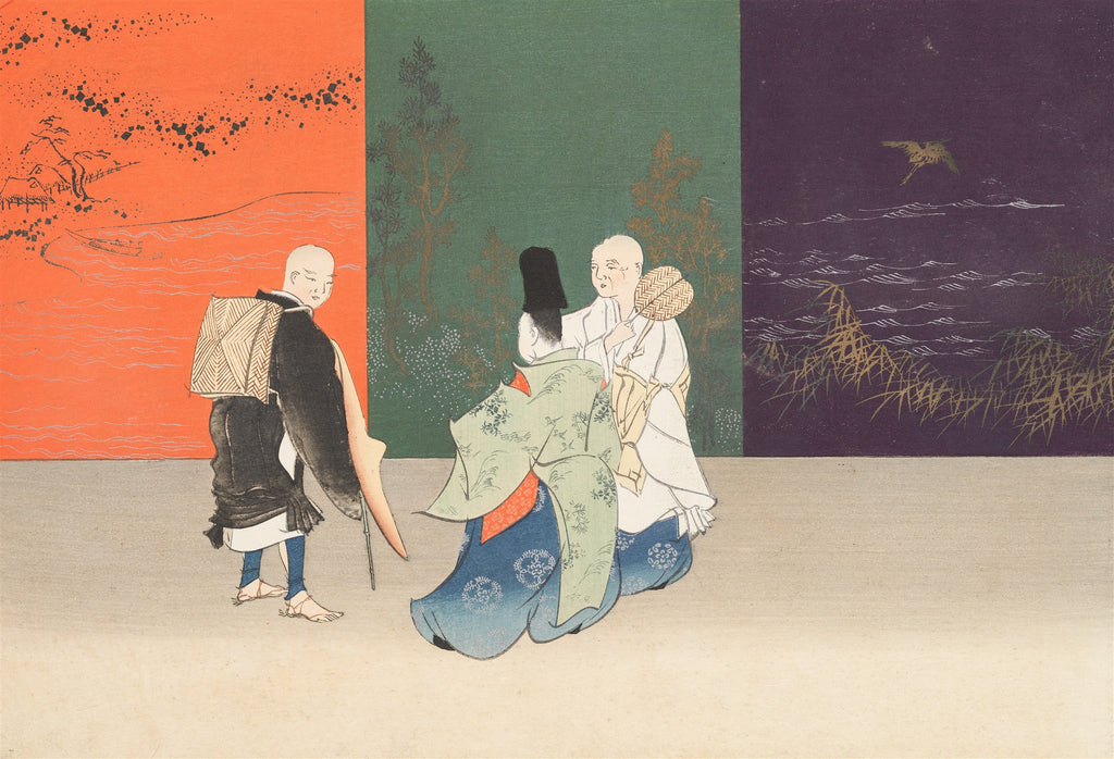 Quadro decorativo com gravura japonesa de Kamisaka Sekka, retratando três figuras em vestes tradicionais em frente a um pano de fundo abstrato com elementos de paisagem em tons de laranja, verde e roxo escuro, com um pássaro voando sobre a água.