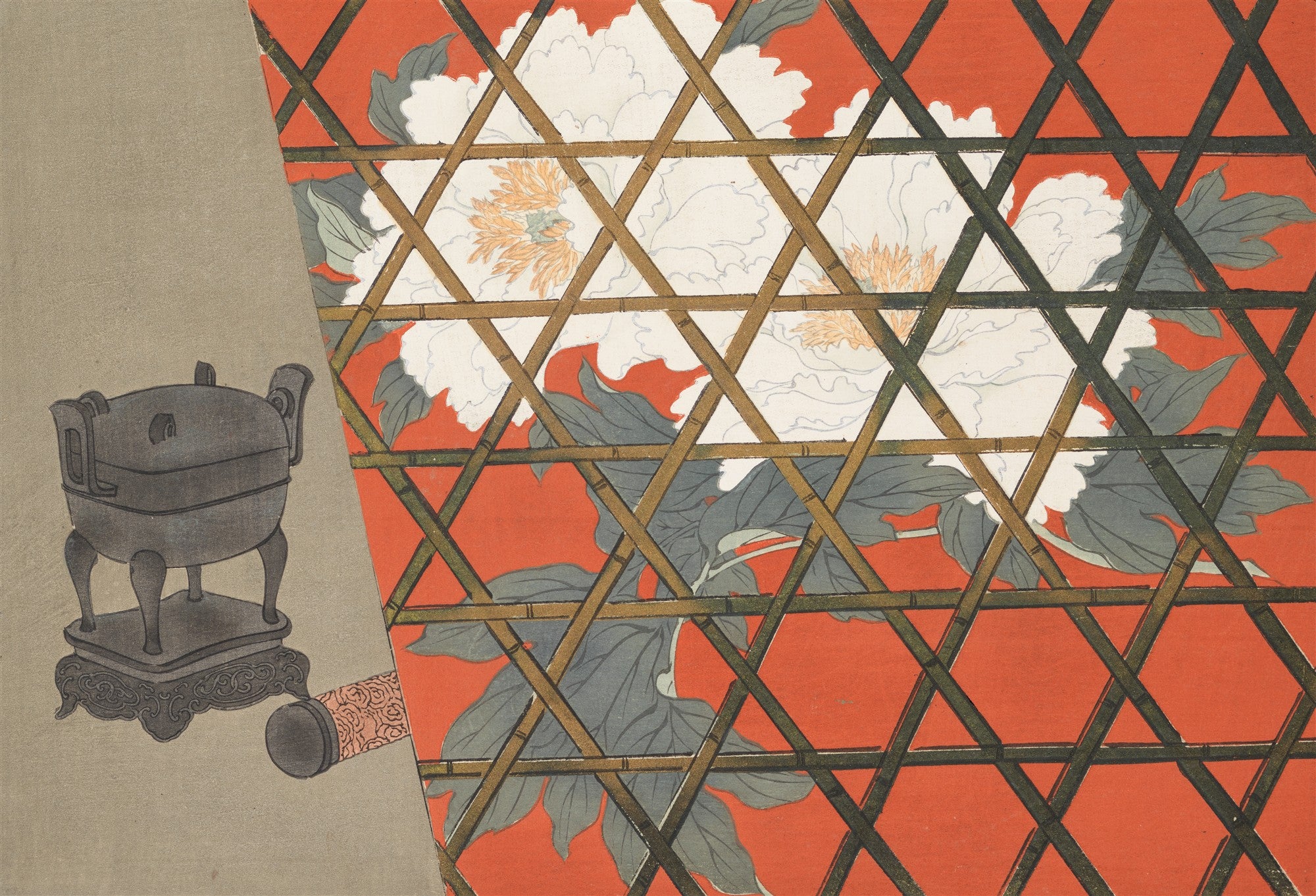 Quadro decorativo japonês com um cesto de incenso cinza no canto inferior esquerdo e um fundo vermelho vibrante com grandes peônias brancas e folhas verde-acinzentadas, vistas através de uma grade diagonal de bambu marrom escuro.