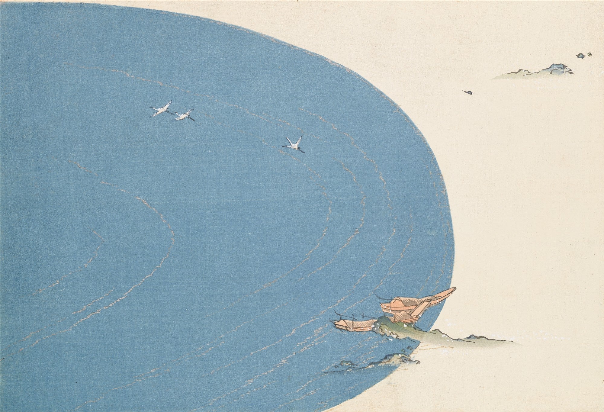 Quadro decorativo com garças voando sobre o mar azul, estilo japonês de Kamisaka Sekka. Composição minimalista e serena.