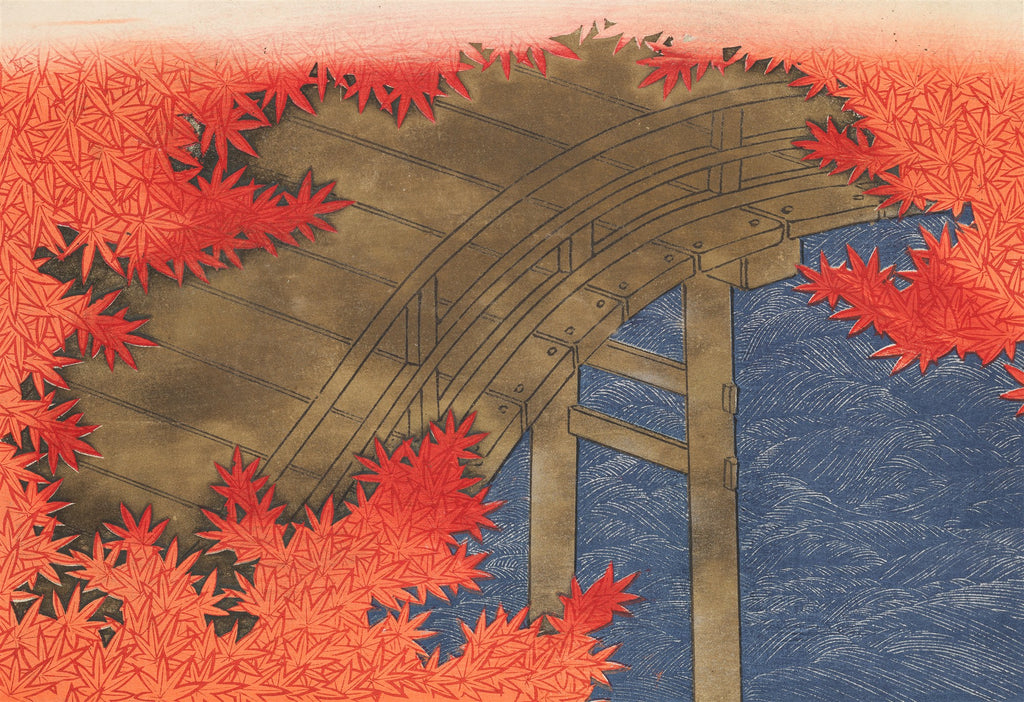 Quadro decorativo com gravura japonesa de Kamisaka Sekka. Uma ponte de madeira curva sobre águas azuis, emoldurada por folhas de bordo vermelhas vibrantes.