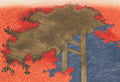 Quadro decorativo com gravura japonesa de Kamisaka Sekka. Uma ponte de madeira curva sobre águas azuis, emoldurada por folhas de bordo vermelhas vibrantes.