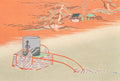Uma gravura japonesa colorida de Kamisaka Sekka, com uma carroça puxando uma fita longa e sinuosa, e ao fundo, paisagem com árvores e casas de telhado azul e verde, sob um céu alaranjado vibrante.