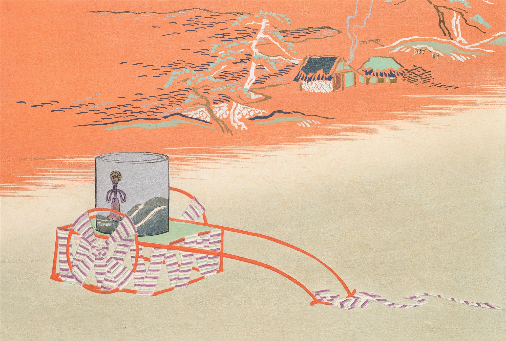 Uma gravura japonesa colorida de Kamisaka Sekka, com uma carroça puxando uma fita longa e sinuosa, e ao fundo, paisagem com árvores e casas de telhado azul e verde, sob um céu alaranjado vibrante.