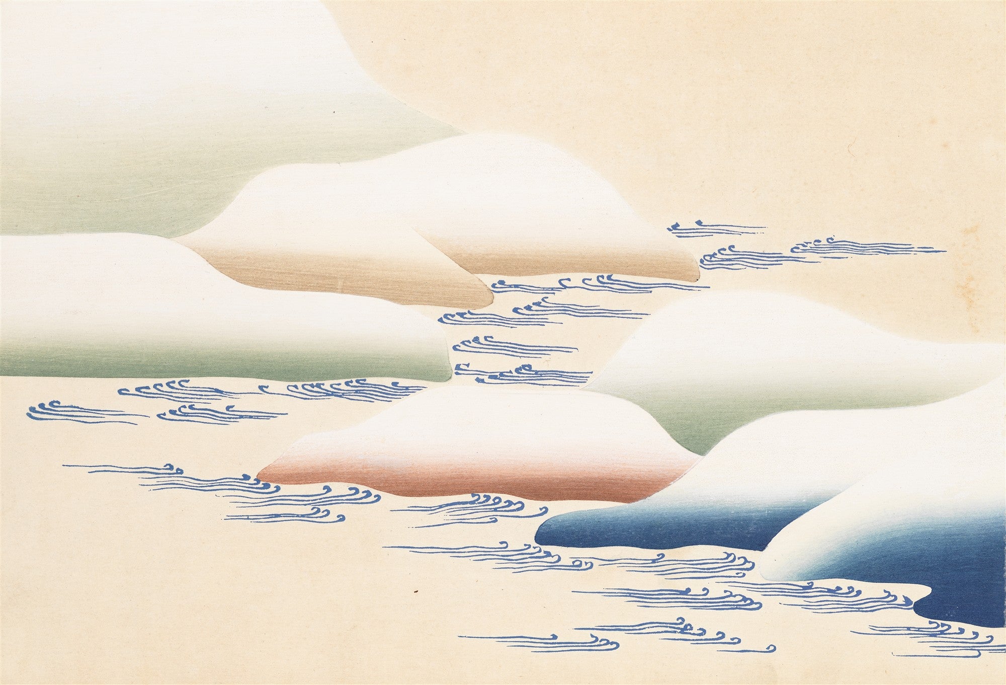 Quadro decorativo com ilustração japonesa de ondas azuis estilizadas em um rio ou mar, entre formações que se assemelham a colinas ou nuvens em tons pasteis de verde, marrom e azul, sobre fundo creme claro. A obra é atribuída a Kamisaka Sekka.