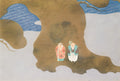 Quadro decorativo com ilustração japonesa de Kamisaka Sekka, mostrando duas figuras estilizadas de idade avançada, possivelmente deuses da fortuna, em uma paisagem abstrata com formas que lembram nuvens ou água em azul e um terreno dourado. As figuras estão em tons de coral e azul-petróleo, com detalhes delicados.