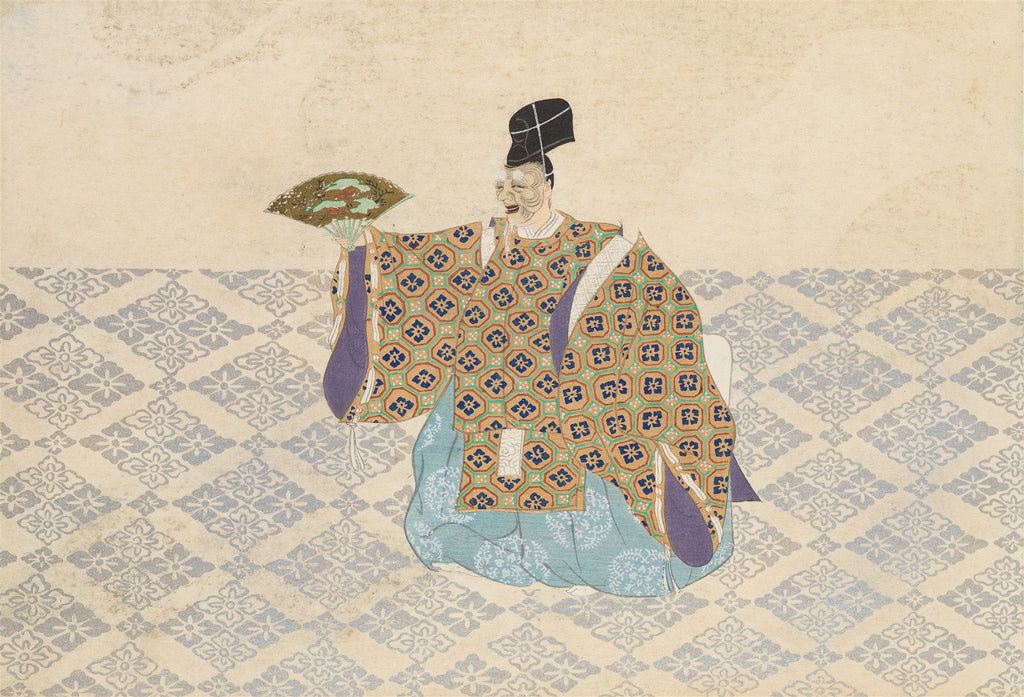 Quadro decorativo mostrando uma figura tradicional japonesa, possivelmente um ator de teatro Noh ou Kyogen, com maquiagem expressiva e vestimentas elaboradas com padrões geométricos em tons de azul, dourado e marrom, segurando um leque, sobre um fundo bege com um padrão de losangos em azul claro. A obra é atribuída a Kamisaka Sekka.