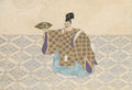 Quadro decorativo mostrando uma figura tradicional japonesa, possivelmente um ator de teatro Noh ou Kyogen, com maquiagem expressiva e vestimentas elaboradas com padrões geométricos em tons de azul, dourado e marrom, segurando um leque, sobre um fundo bege com um padrão de losangos em azul claro. A obra é atribuída a Kamisaka Sekka.