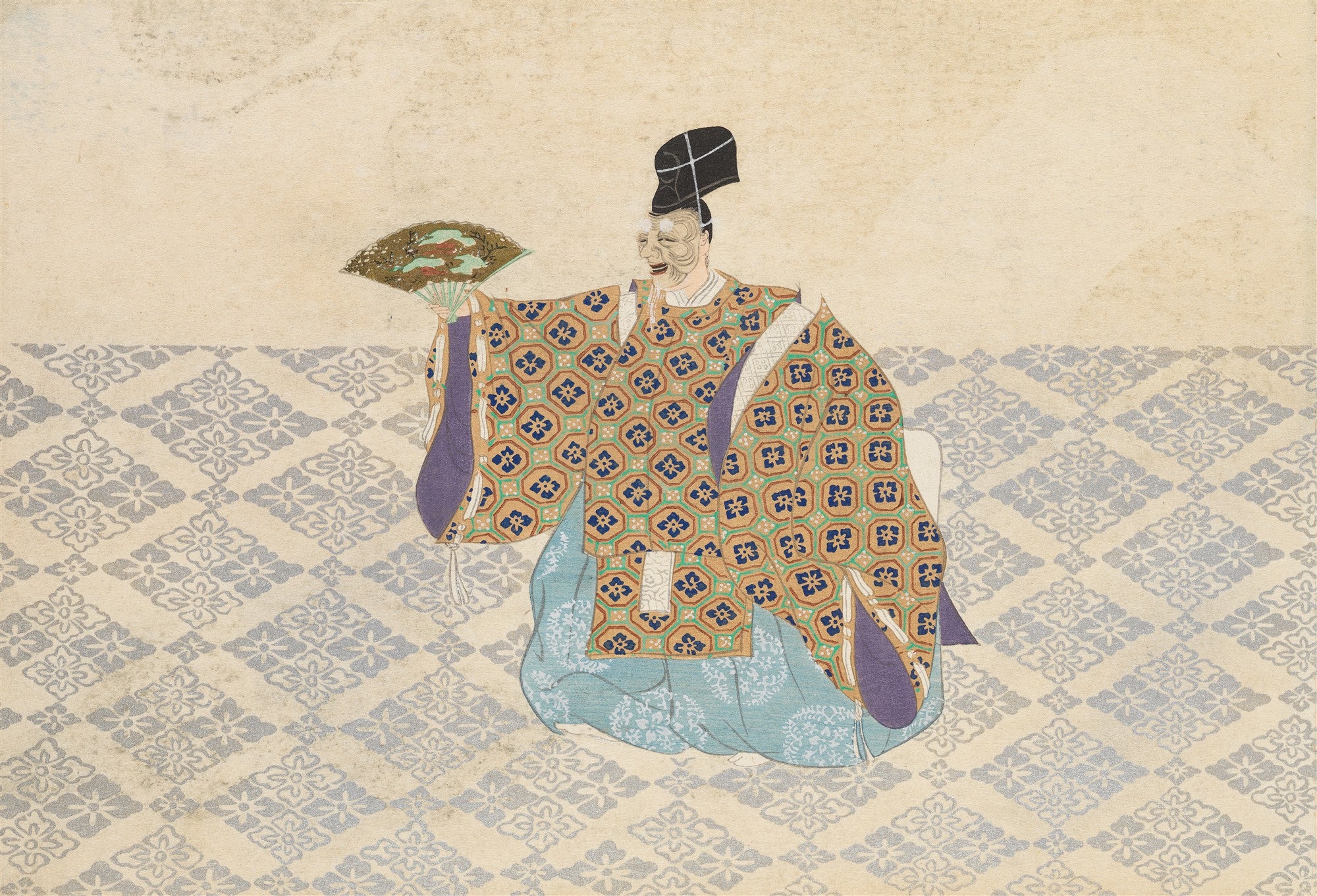 Quadro decorativo mostrando uma figura tradicional japonesa, possivelmente um ator de teatro Noh ou Kyogen, com maquiagem expressiva e vestimentas elaboradas com padrões geométricos em tons de azul, dourado e marrom, segurando um leque, sobre um fundo bege com um padrão de losangos em azul claro. A obra é atribuída a Kamisaka Sekka.