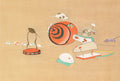 Quadro decorativo com ilustração de ratos estilizados em tons de laranja, cinza e bege, com detalhes em verde e preto, sobre fundo claro. Atribuída a Kamisaka Sekka.