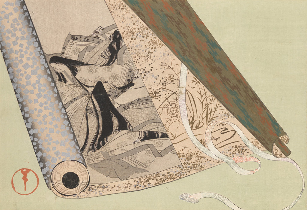 Uma pintura japonesa de Kamisaka Sekka, mostrando uma figura feminina elegante dentro de um rolo de pergaminho desenrolado, com padrões e fitas adornando a cena. A paleta de cores é suave, dominada por tons de bege, cinza e um toque de verde-oliva.