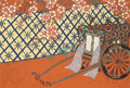 Quadro decorativo com ilustração japonesa de uma carroça estilizada ao lado de uma cerca geométrica, com ramos de flores de cerejeira em tons de rosa e branco sobre um fundo vermelho e amarelo. Atribuída a Kamisaka Sekka.