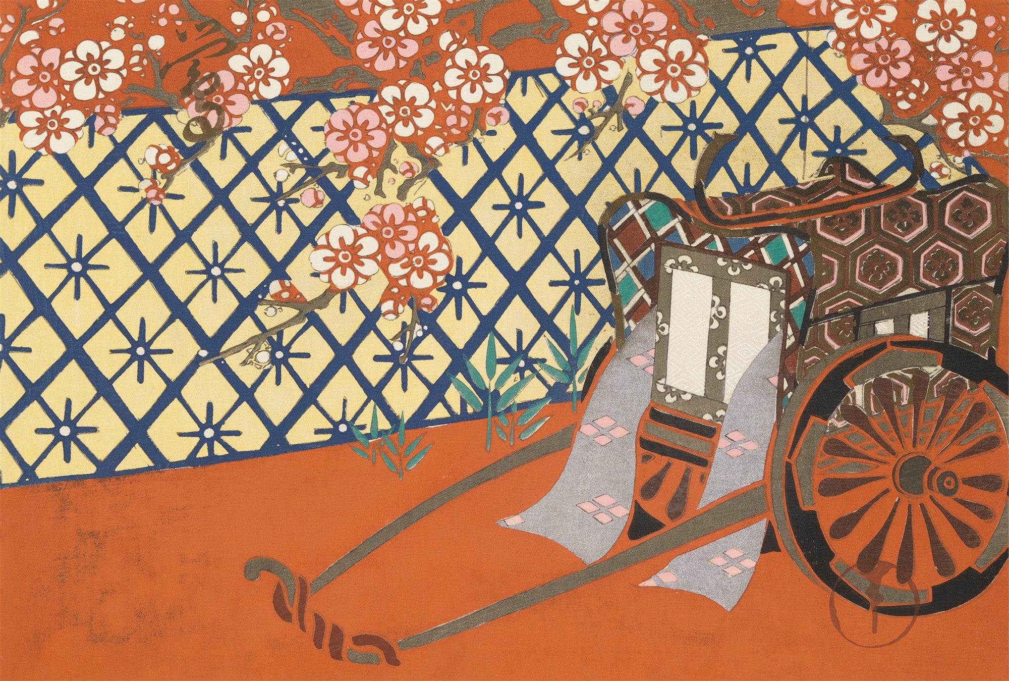 Quadro decorativo com ilustração japonesa de uma carroça estilizada ao lado de uma cerca geométrica, com ramos de flores de cerejeira em tons de rosa e branco sobre um fundo vermelho e amarelo. Atribuída a Kamisaka Sekka.