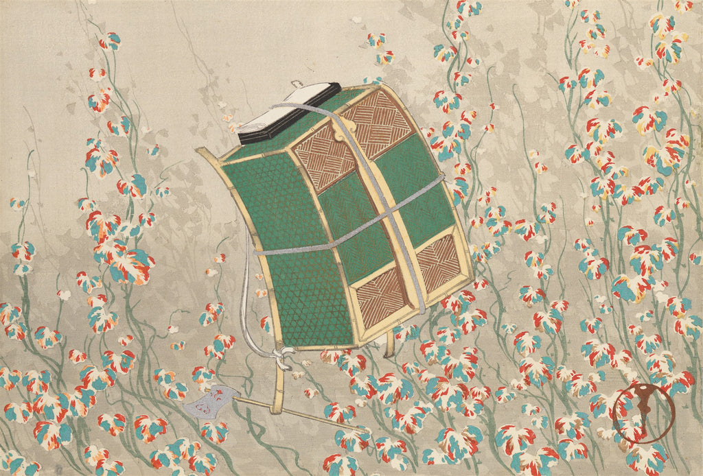 Xilogravura japonesa de Kamisaka Sekka, representando um cesto de cargas em bambu e tecido verde, amarrado, sobre um fundo cinza claro com folhagens coloridas em tons de vermelho, azul e branco, com caules verdes e finos.