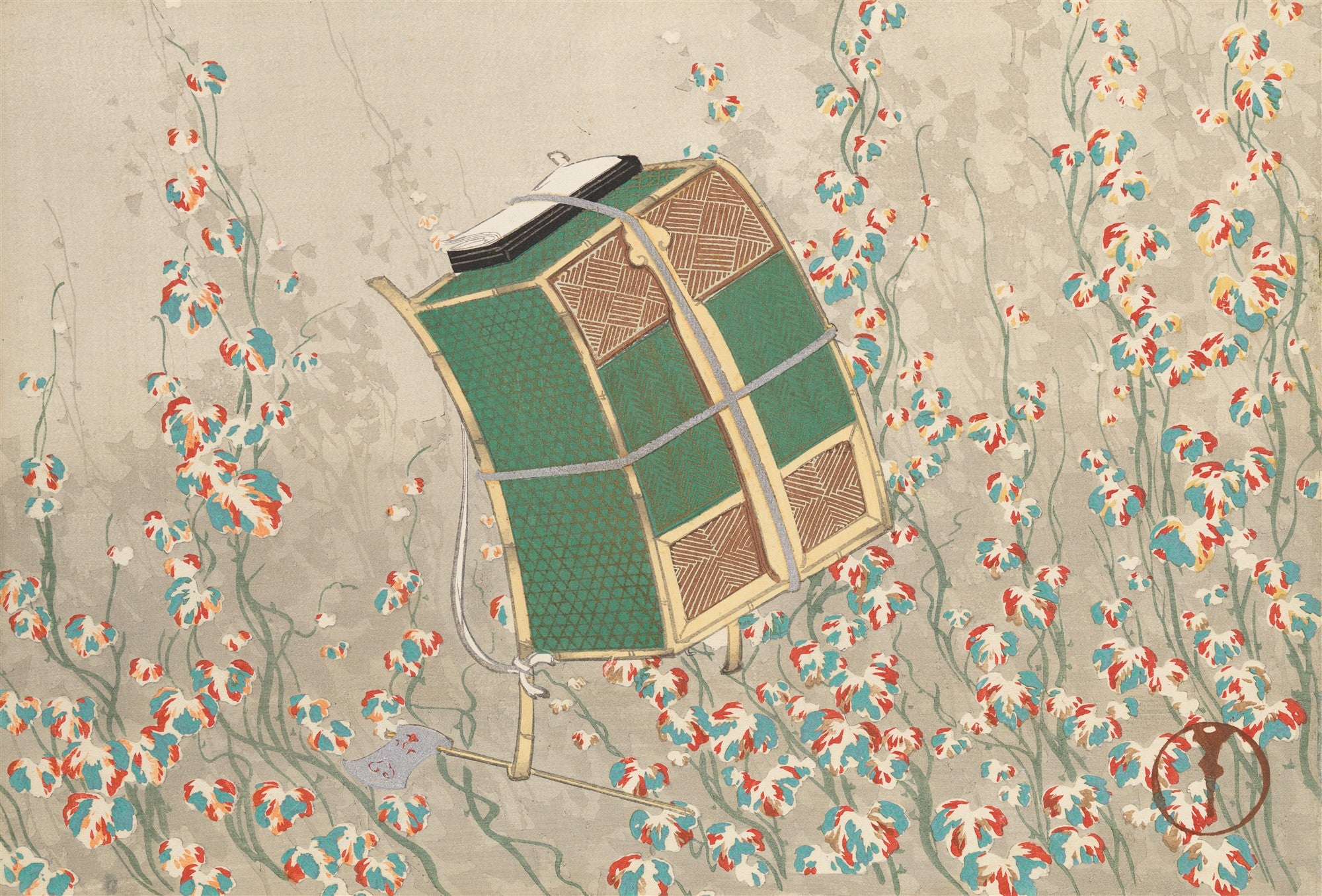 Xilogravura japonesa de Kamisaka Sekka, representando um cesto de cargas em bambu e tecido verde, amarrado, sobre um fundo cinza claro com folhagens coloridas em tons de vermelho, azul e branco, com caules verdes e finos.