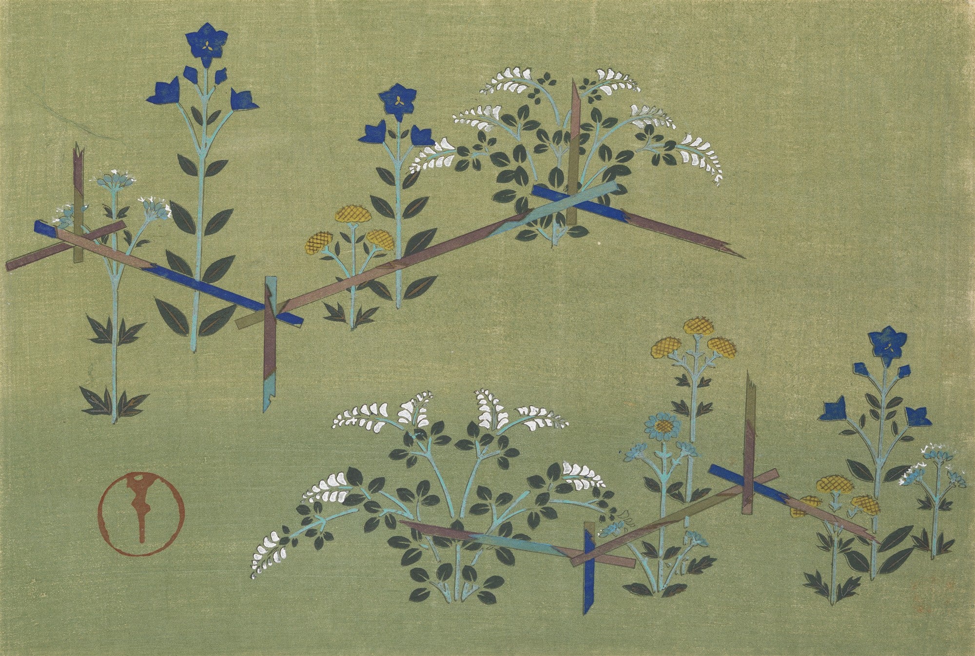 Ilustração japonesa de Kamisaka Sekka com flores azuis, brancas e amarelas entrelaçadas em cercas de bambu sobre um fundo verde oliva.