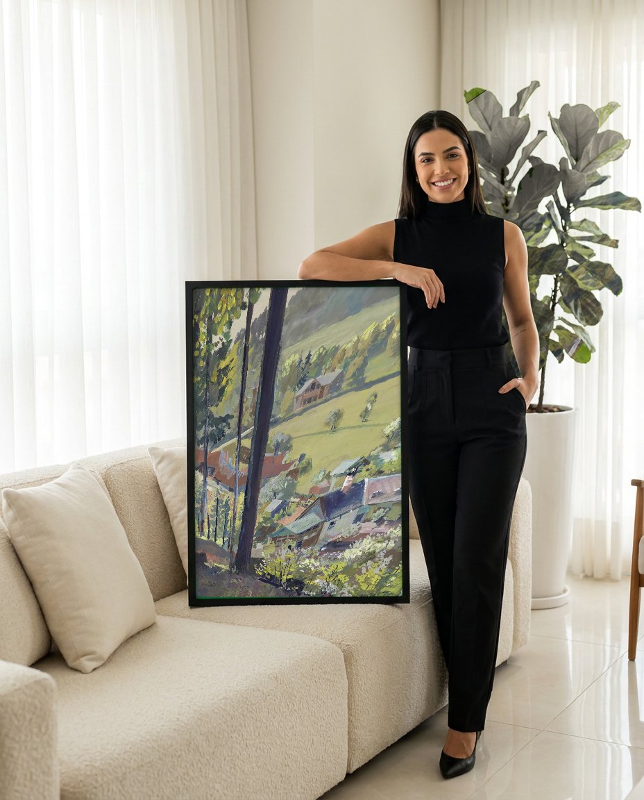 Quadro Decorativo Paisagem Alpina - Oskar Laske com modelo em ambiente