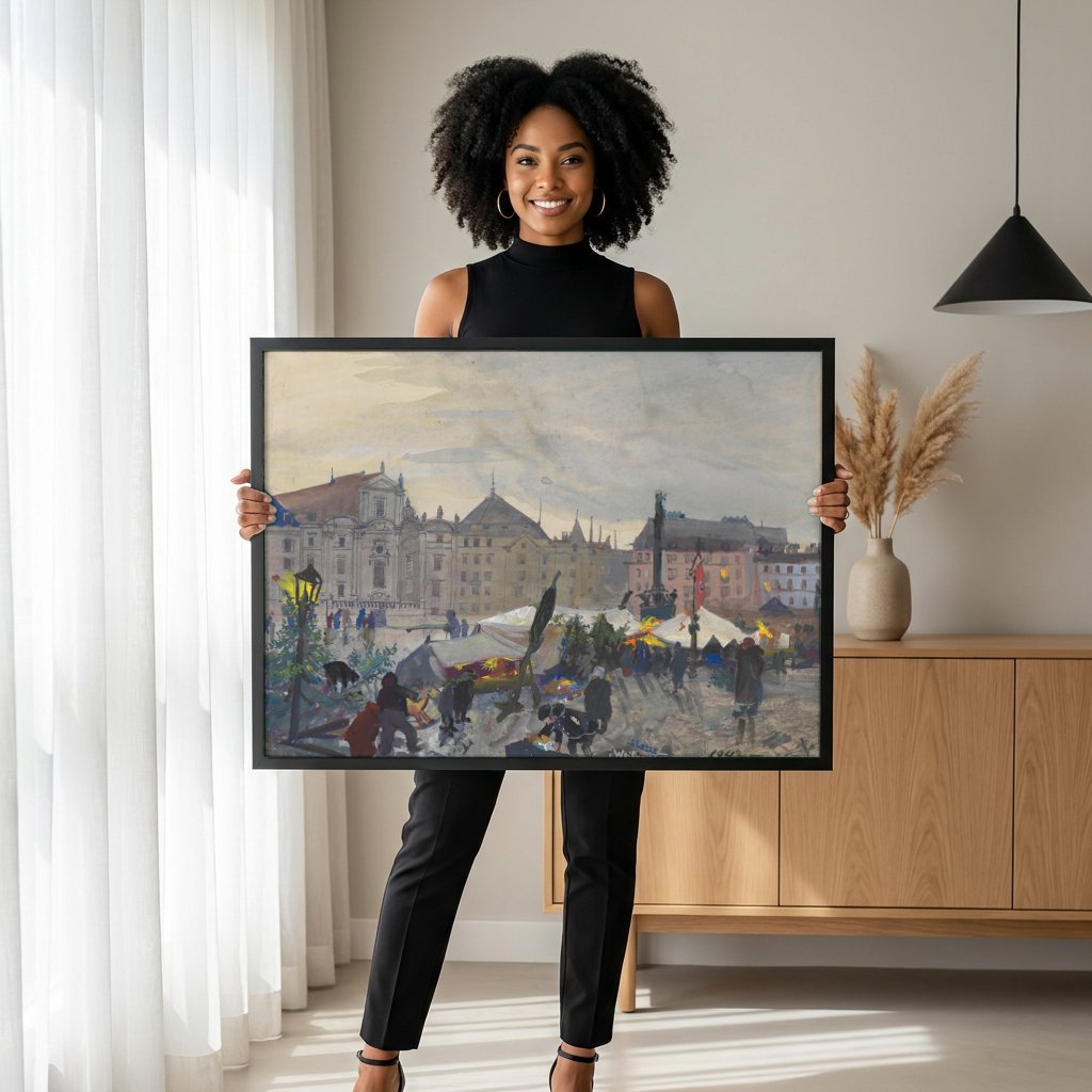 Quadro Decorativo Mercado de Natal - Oskar Laske com modelo em ambiente