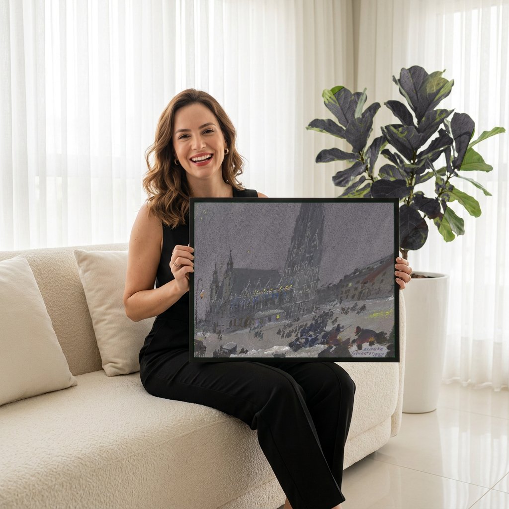 Quadro Decorativo Noite de Inverno - Oskar Laske com modelo em ambiente