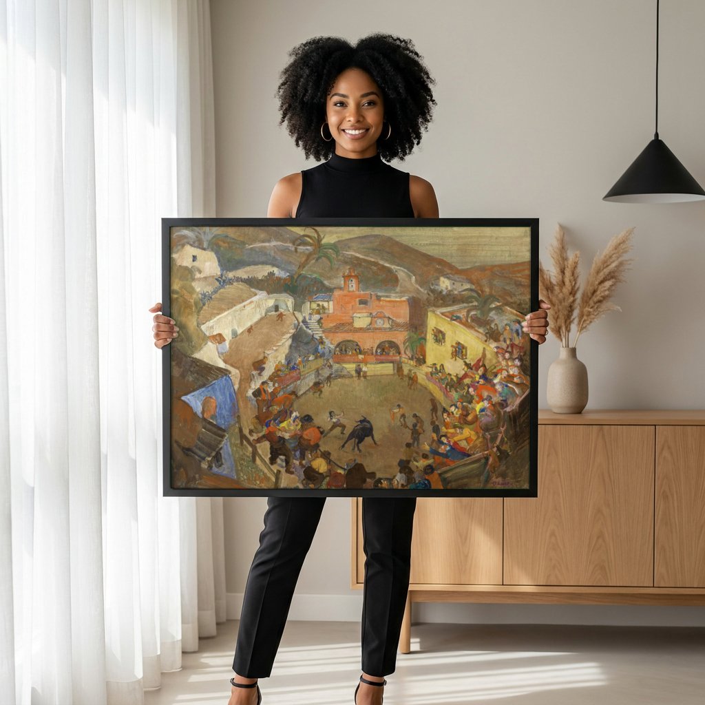 Quadro Decorativo Tourada em Mijas - Oskar Laske com modelo em ambiente