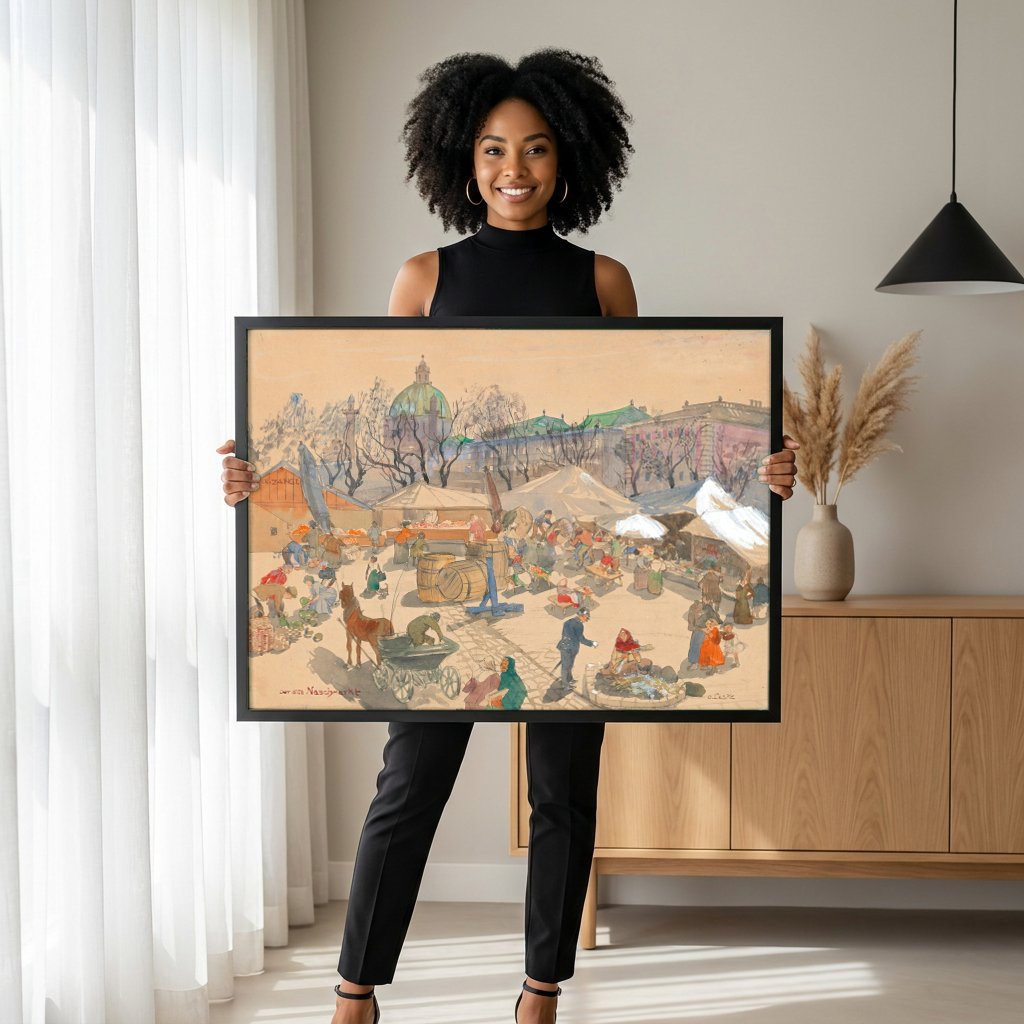 Quadro Decorativo Mercado de Viena - Oskar Laske com modelo em ambiente