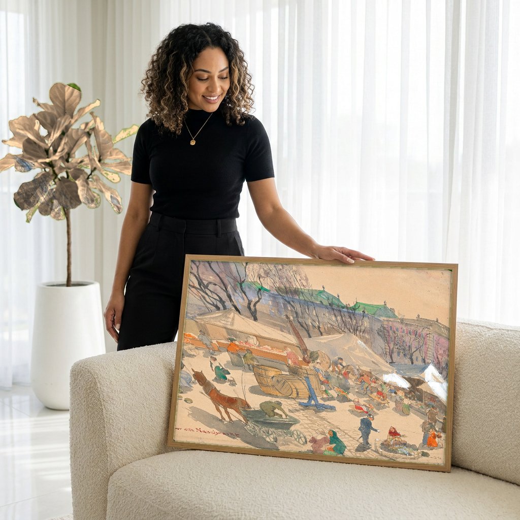 Quadro Decorativo Mercado de Viena - Oskar Laske com modelo em ambiente