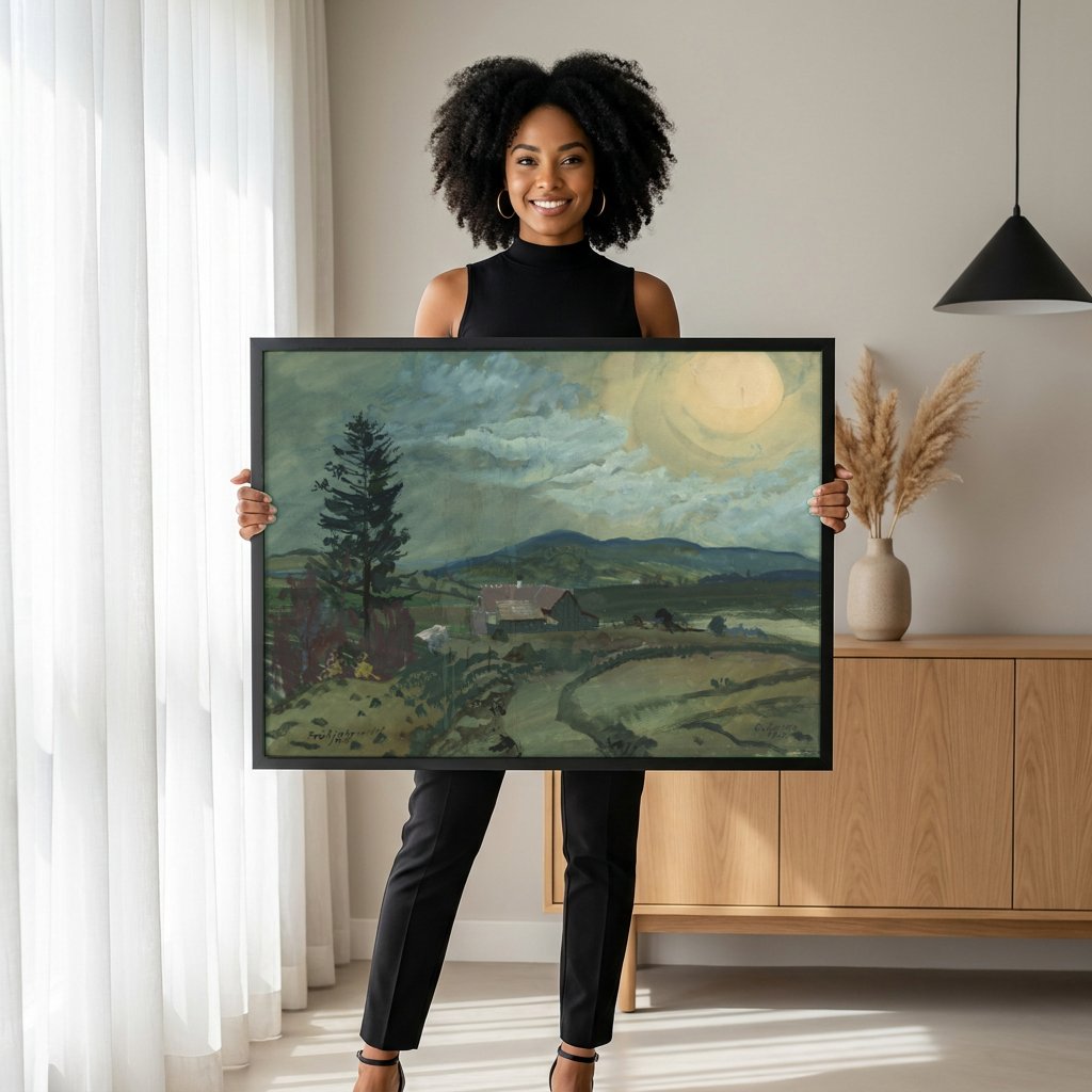 Quadro Decorativo Paisagem com Sol - Oskar Laske com modelo em ambiente